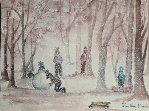 Christine M. Fun in the snow, watercolour & graphitint.